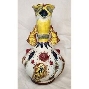 Antique Bejeweled Mojalica Pompeyi Victorian Multi colored Ceramic Vase DBL HDL
